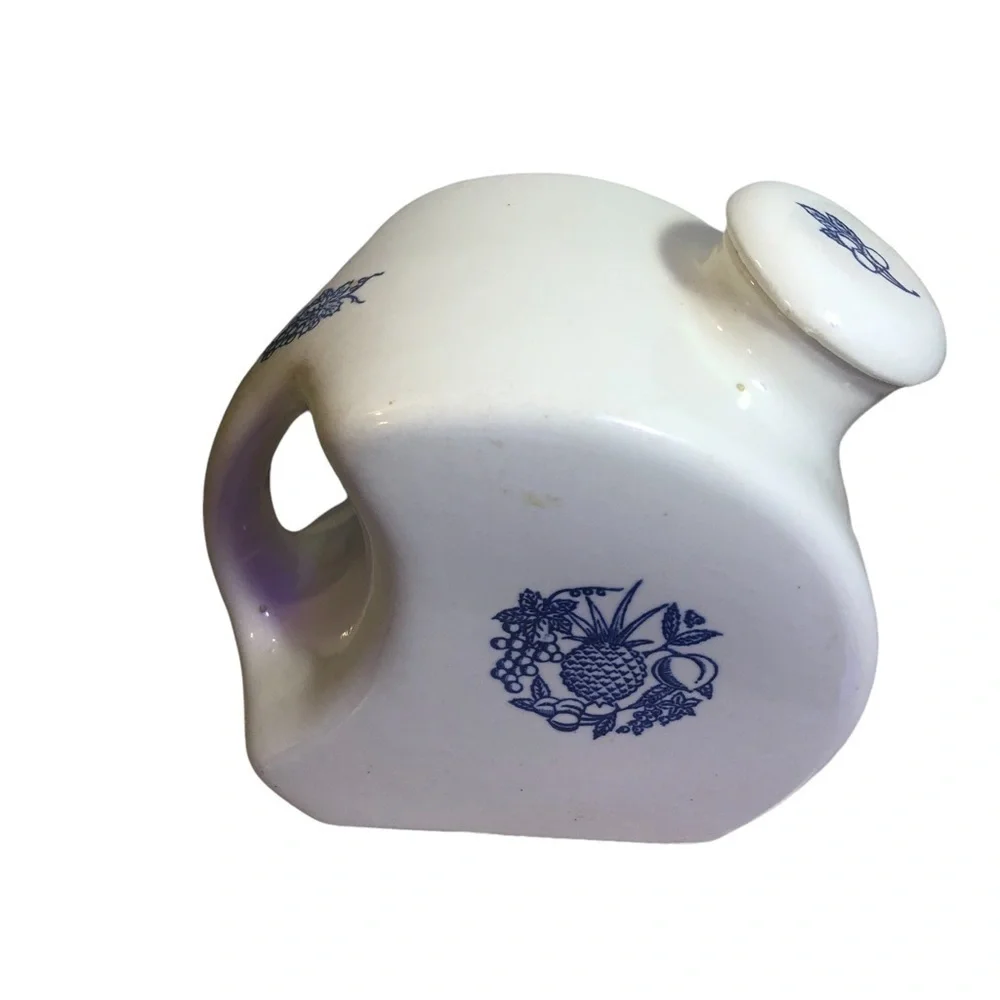 Vintage Oxfordware Refrigerator Pitcher 6 x 6 x 4.5” Cream/Blue Fruit Cork